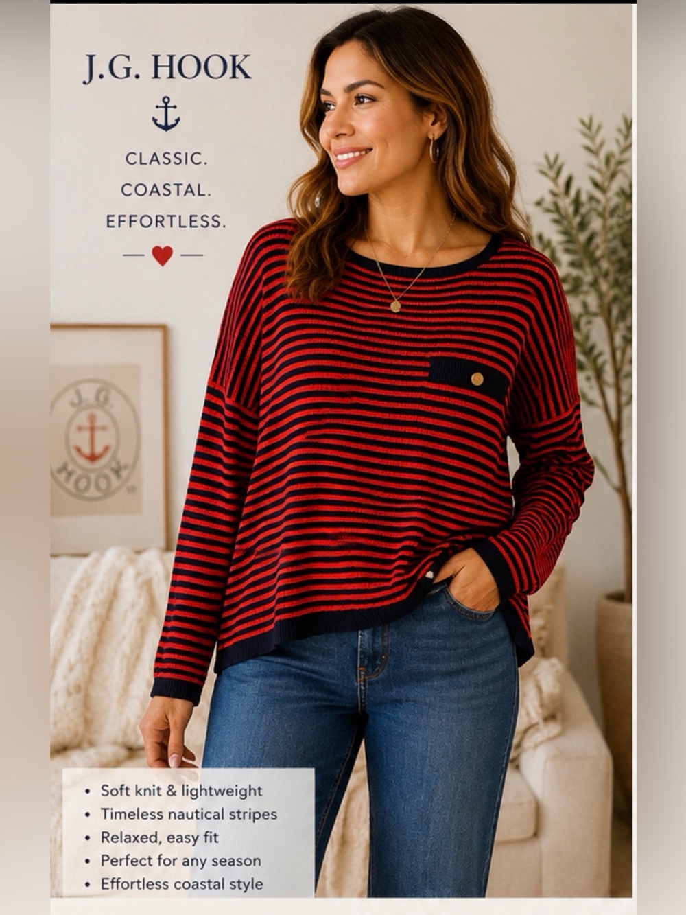 Vintage J.G. Hook Nautical Striped Sweater L Red Navy Oversized Coastal Preppy